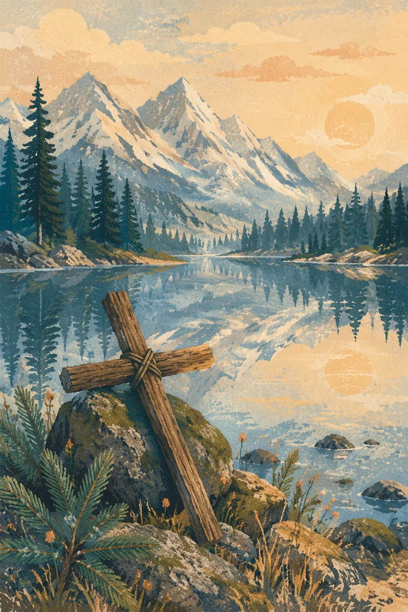 Wooden Cross by Calm Alpine Lake