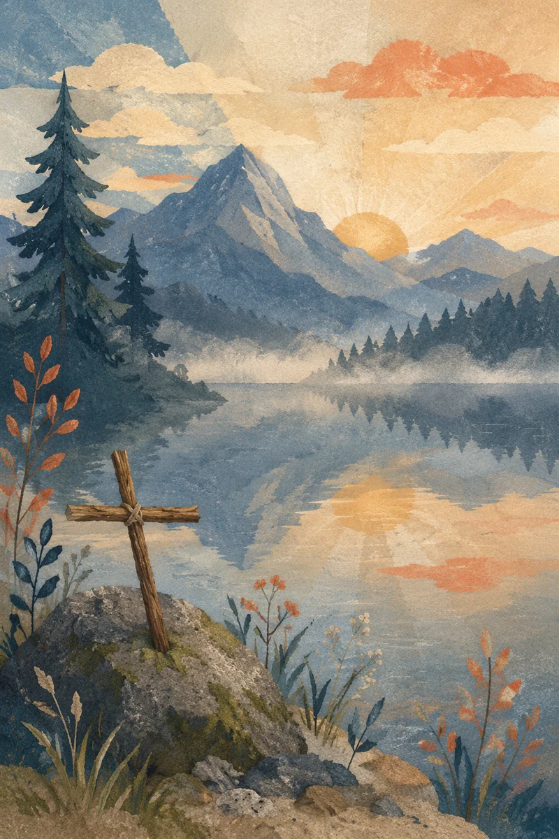 Morning Lake Reflection with Wooden Cross