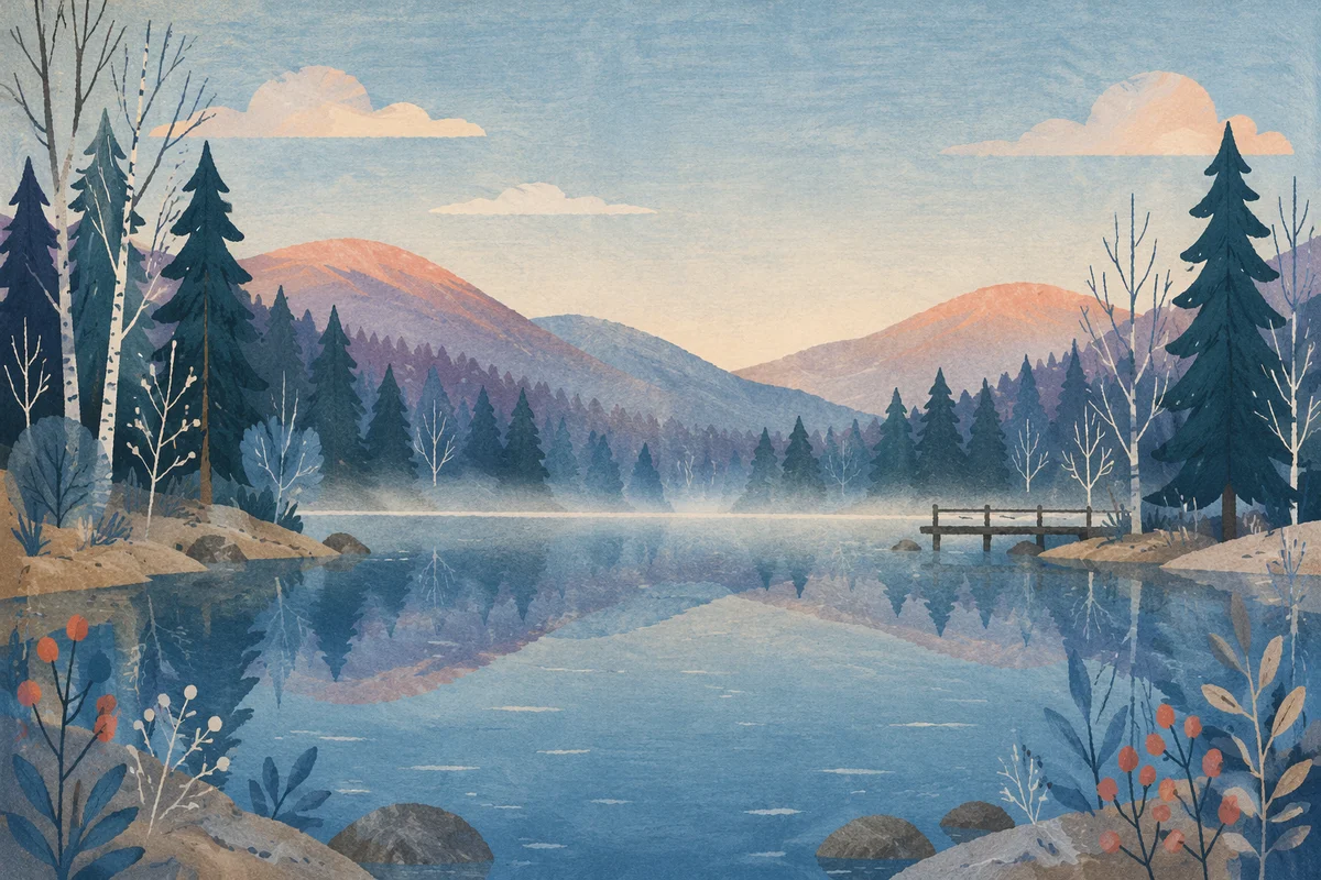 Calm Morning Lake with Evergreen Reflections
