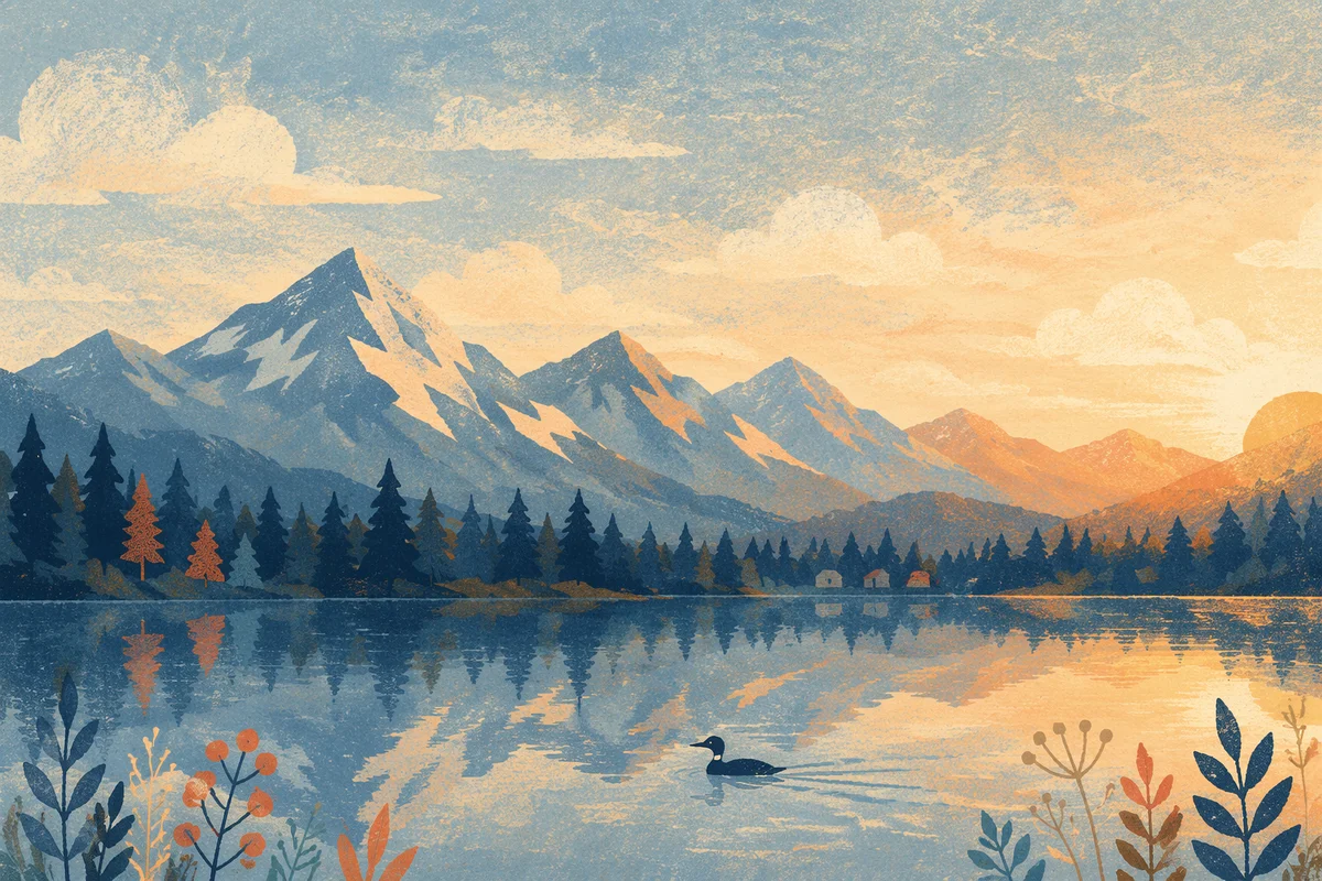 Calm Morning Lake with Evergreen Mountains