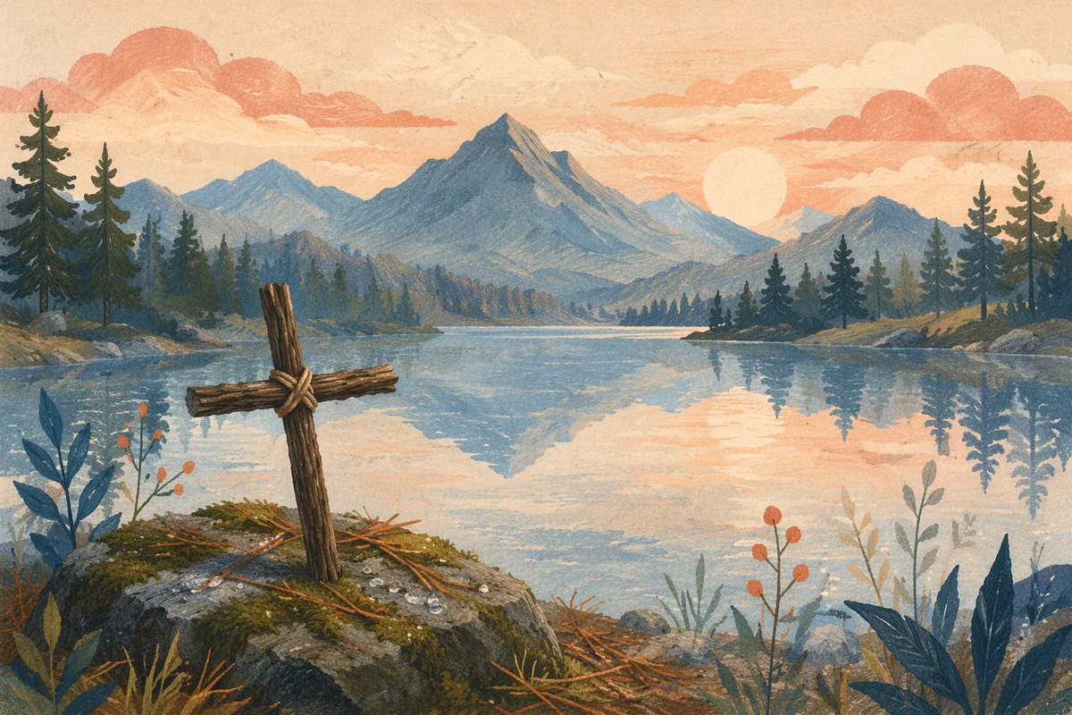 Wooden Cross by Calm Alpine Lake