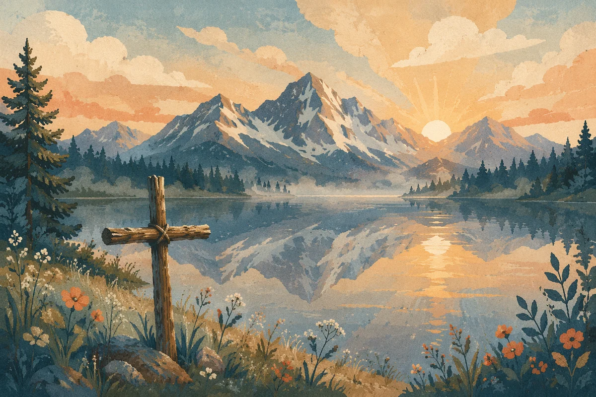 Morning Lake Reflection with Wooden Cross