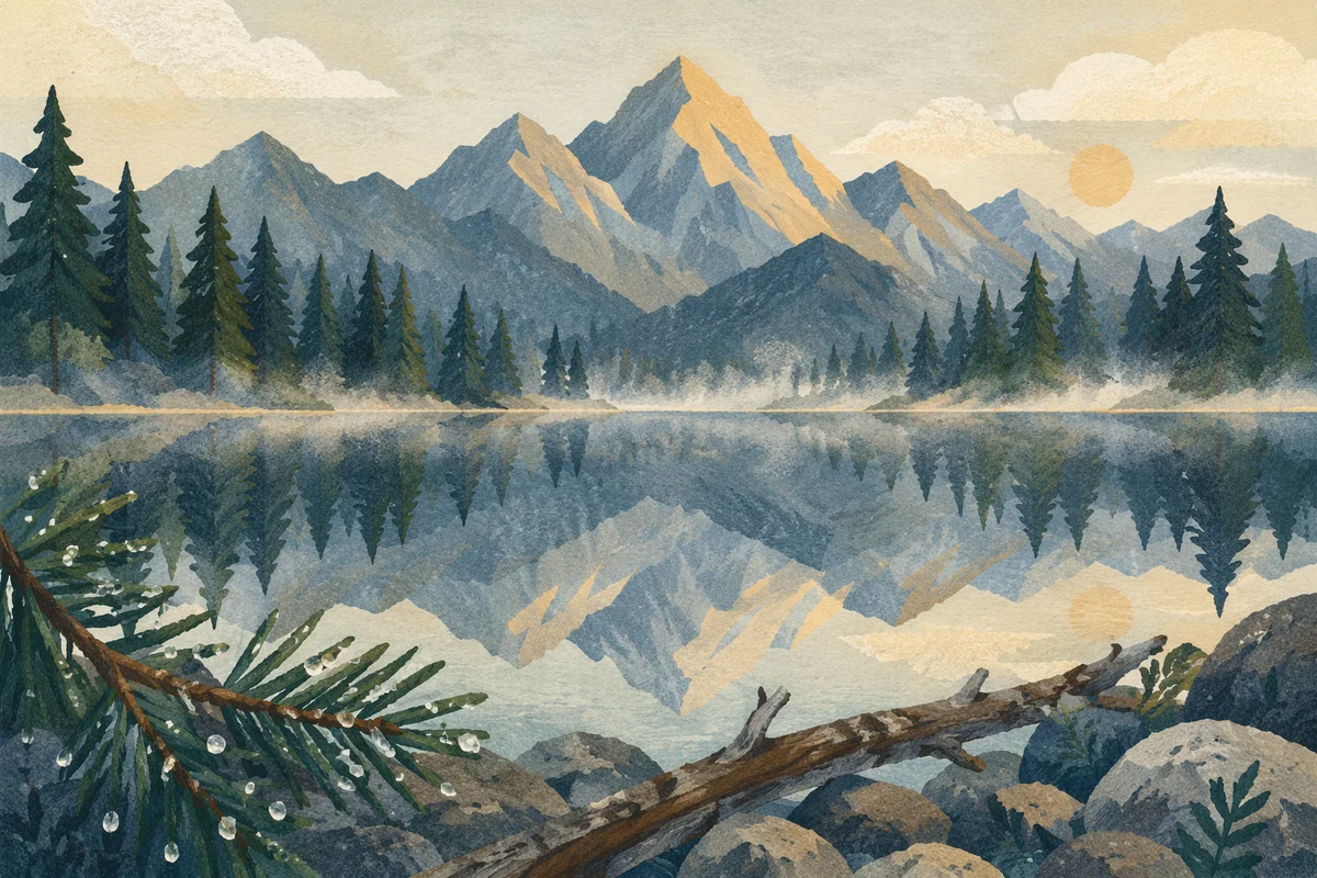 Calm Morning Lake Reflection in Evergreen Mountains