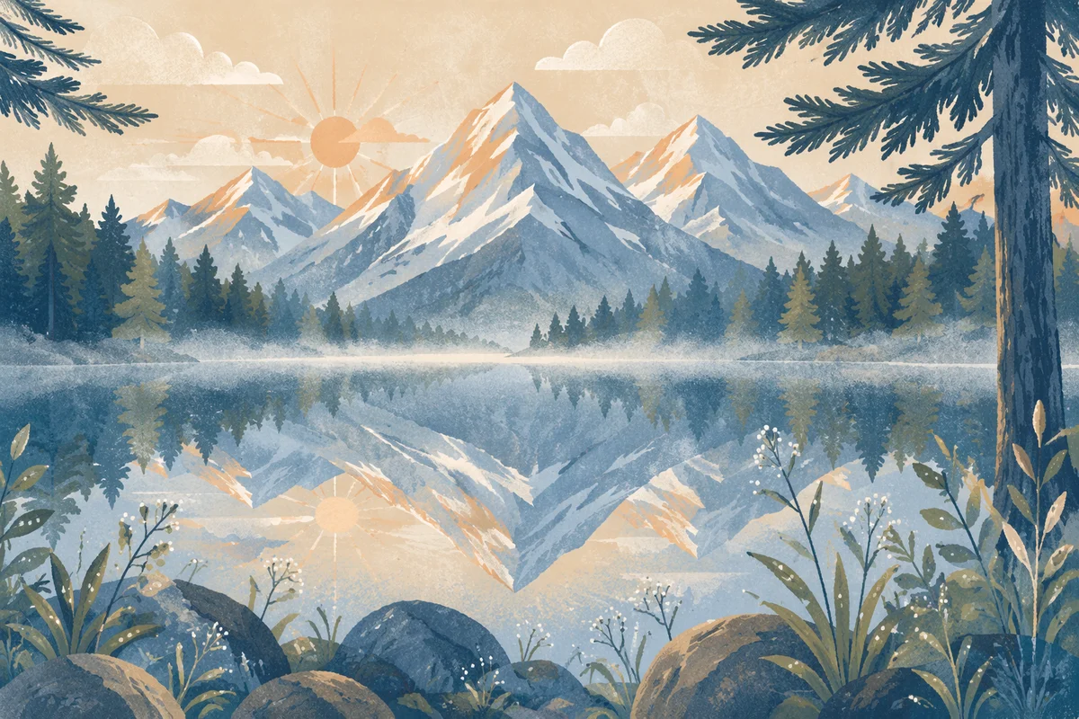Calm Morning Lake Reflection in Evergreen Mountains