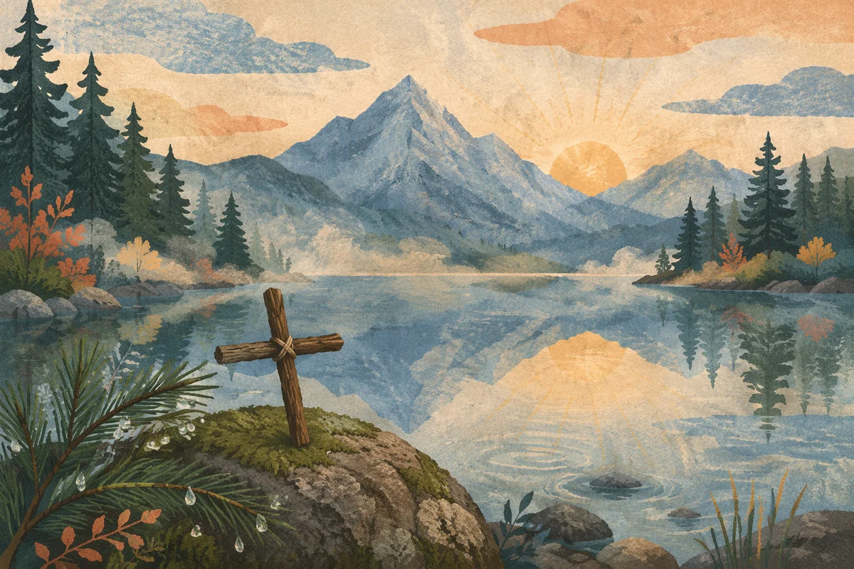 Morning Lake Reflection with Wooden Cross