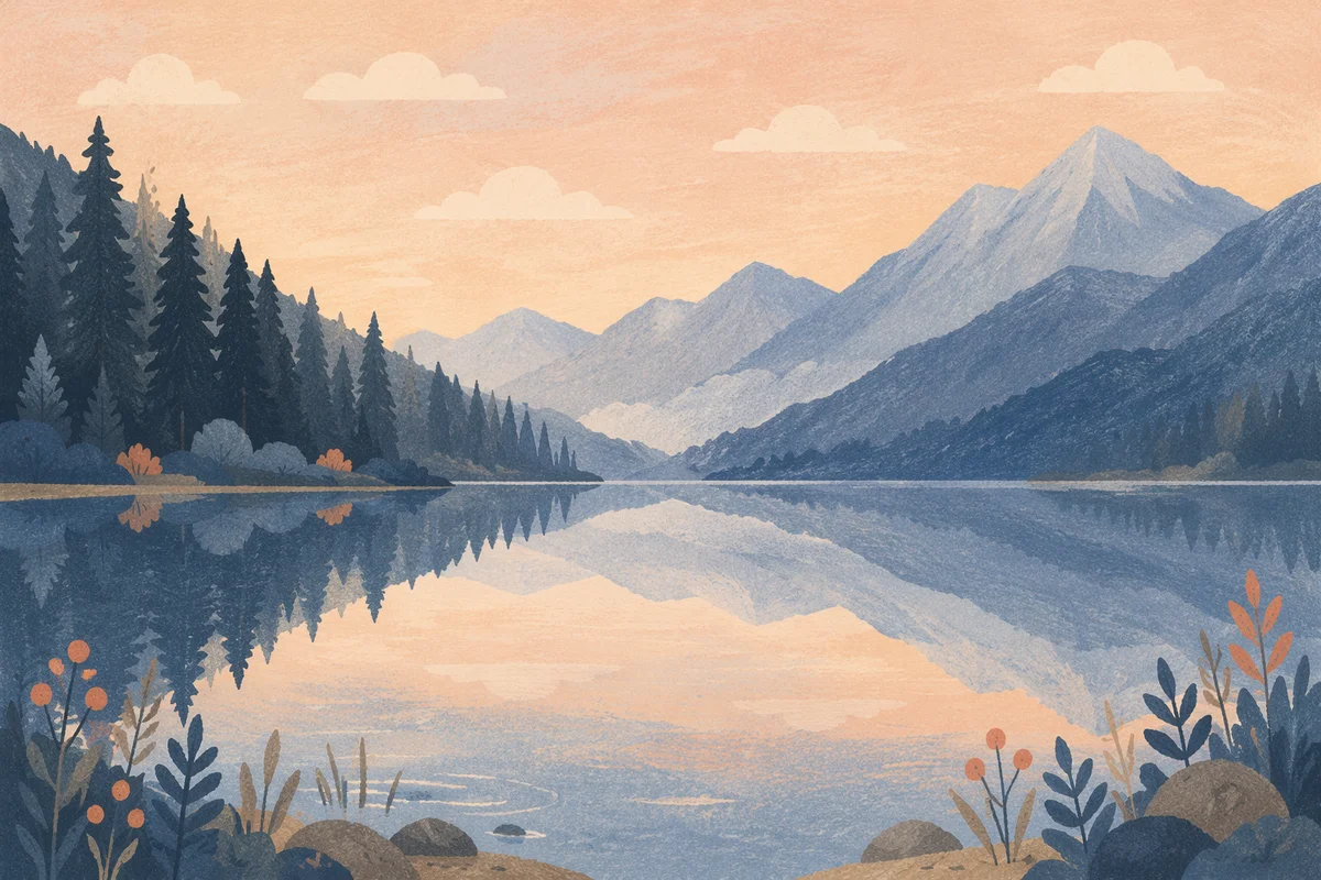 Calm Morning Lake Beneath Evergreen Mountains