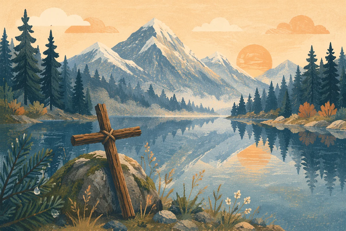 Morning Cross by Calm Alpine Lake