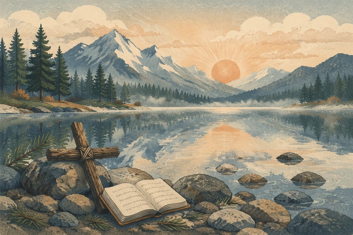 Morning Lake Reflection with Wooden Cross