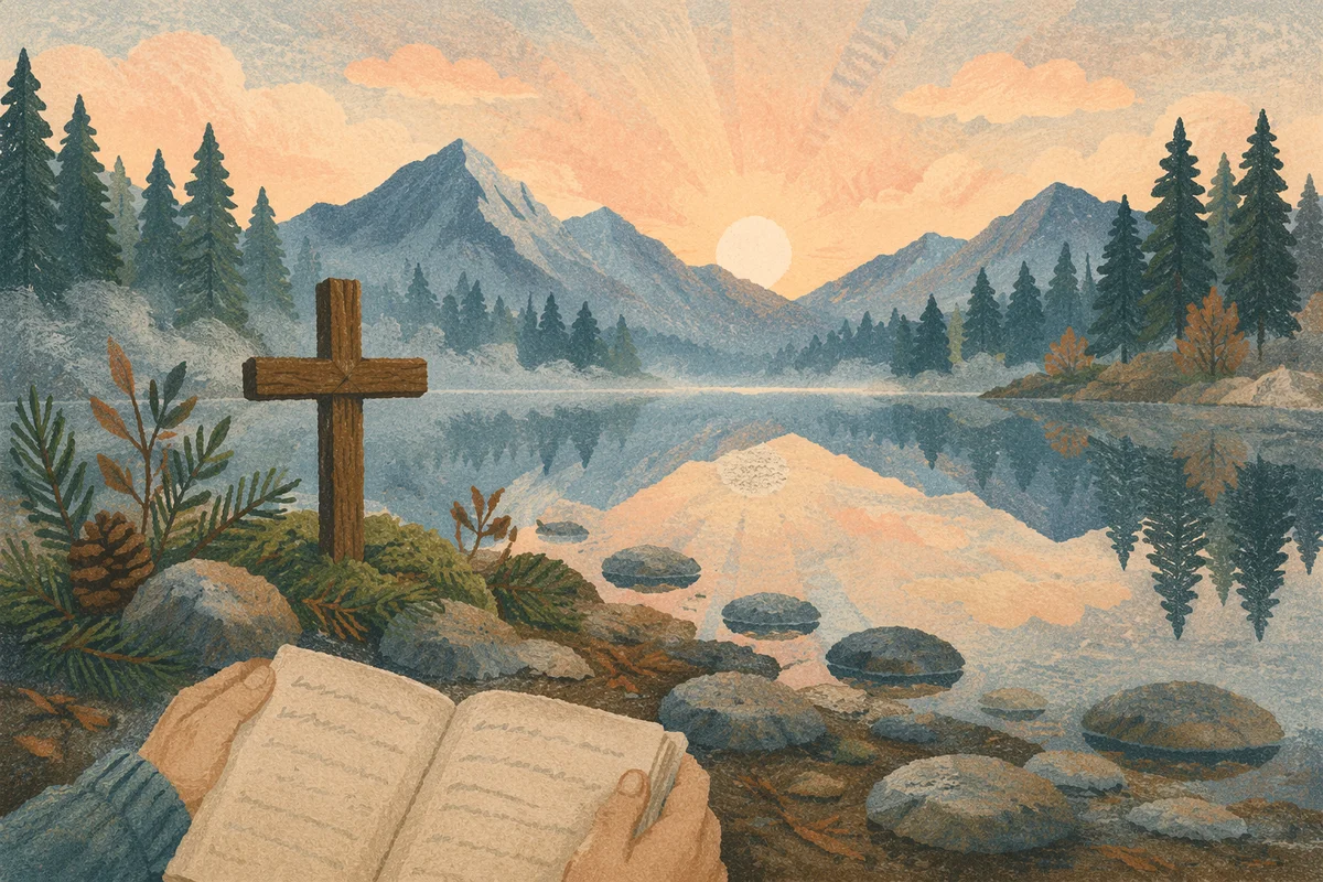 Calm Alpine Lake Cross at Sunrise