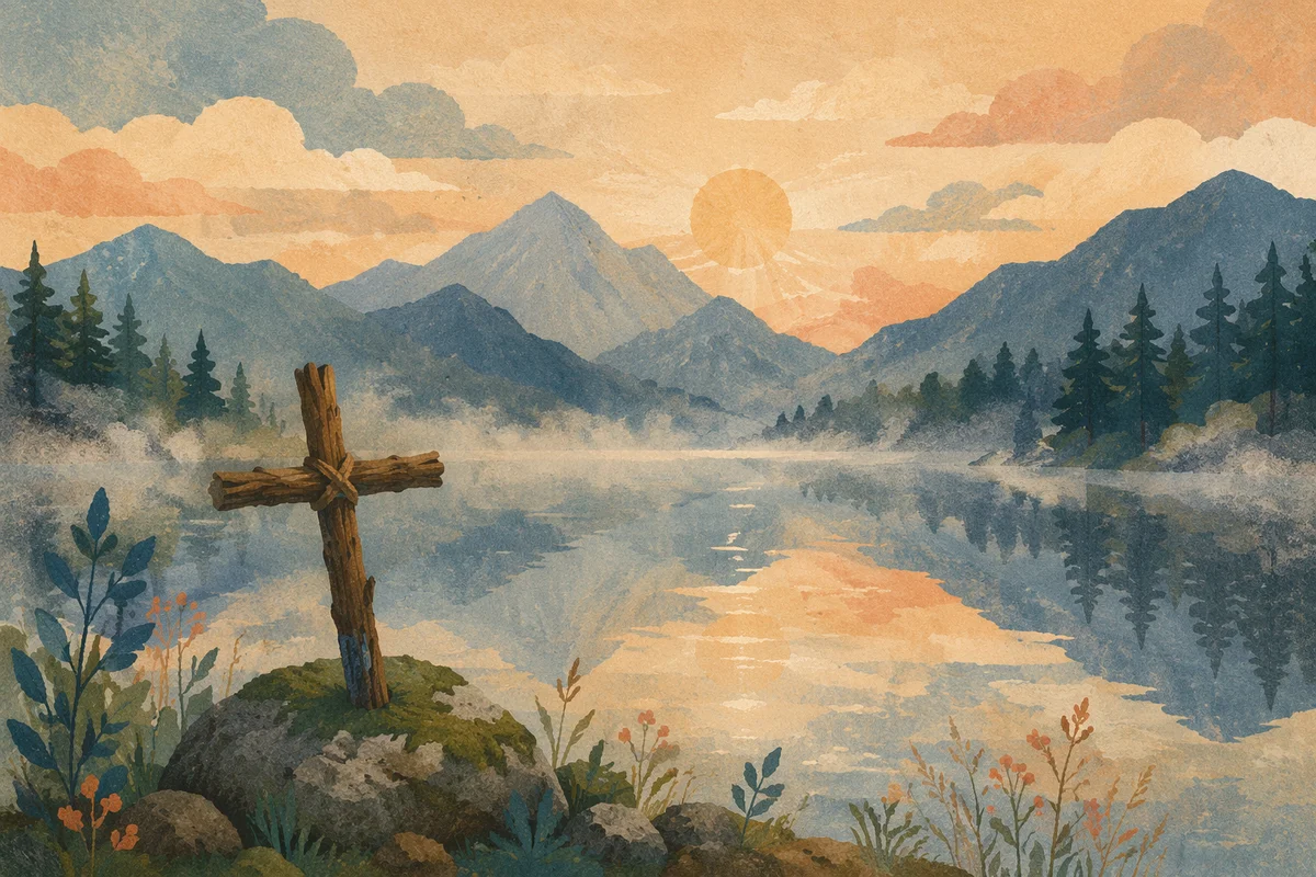 Morning Cross by Reflective Alpine Lake