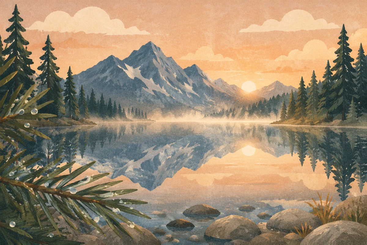 Serene Morning Lake With Evergreen Reflections