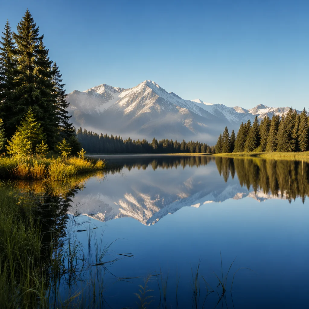Calm Alpine Lake Morning Reflection