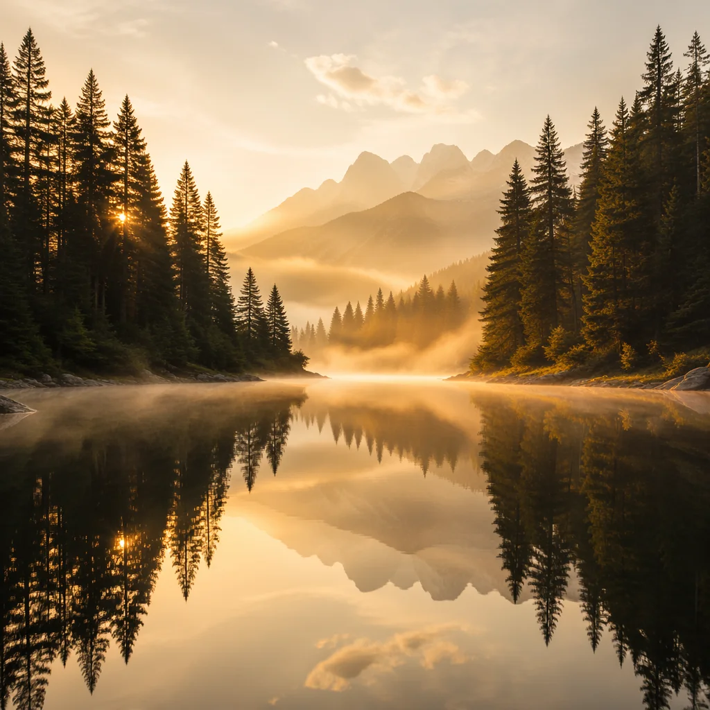 Serene Evergreen Lake Reflection at Dawn