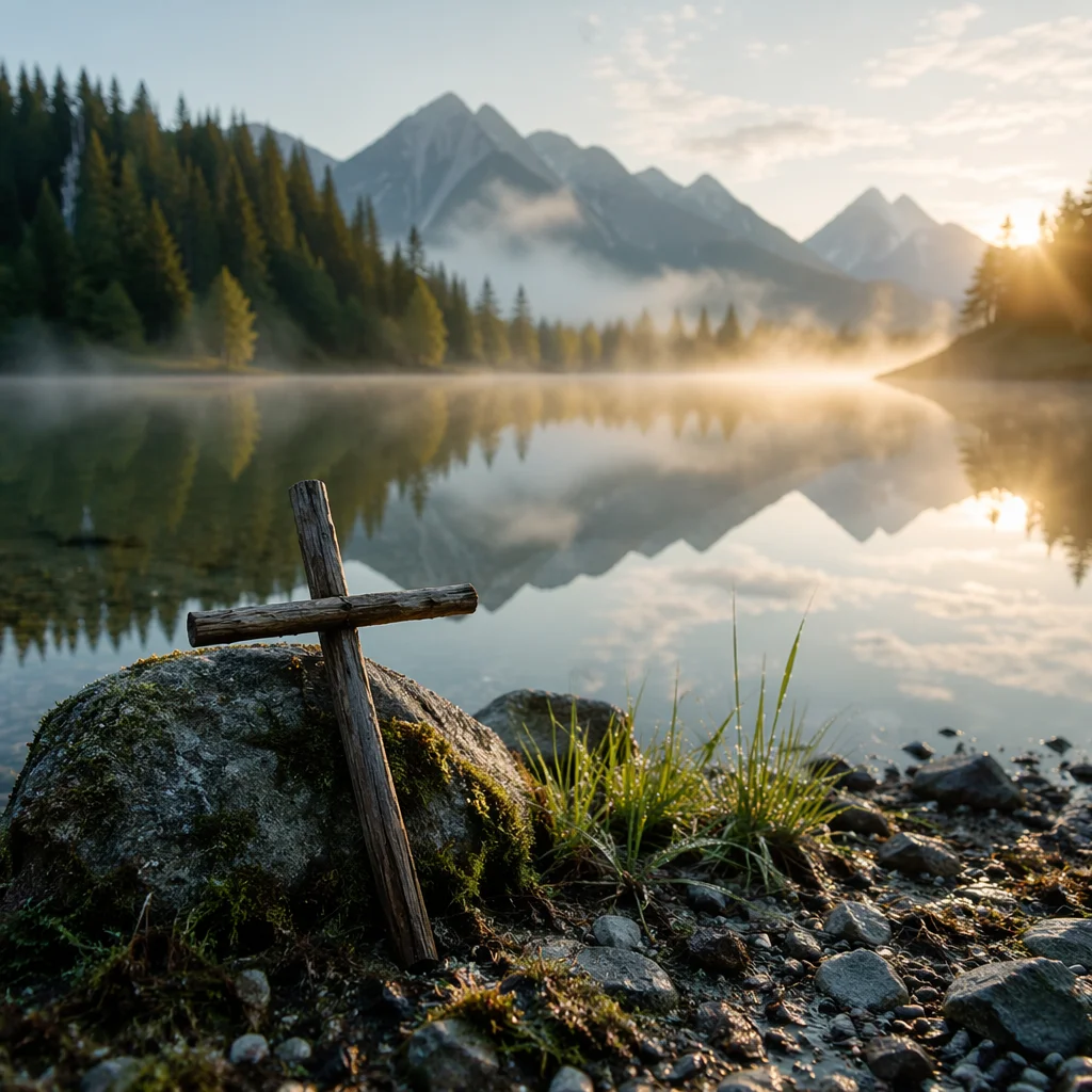 Wooden Cross by Calm Mountain Lake