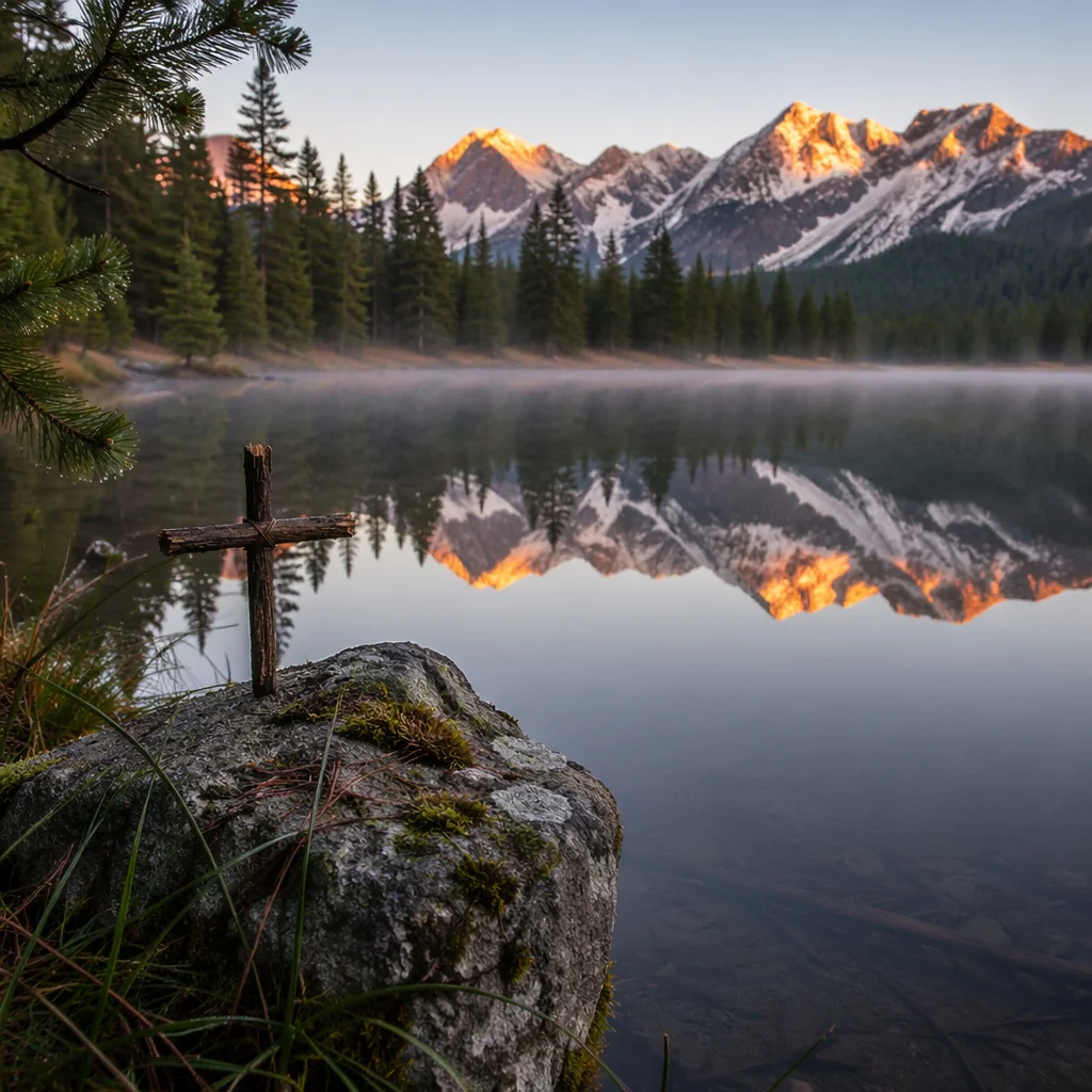 Wooden Cross by Calm Mountain Lake