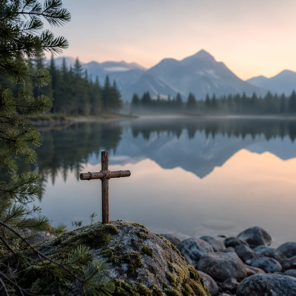 Wooden Cross by Calm Alpine Lake