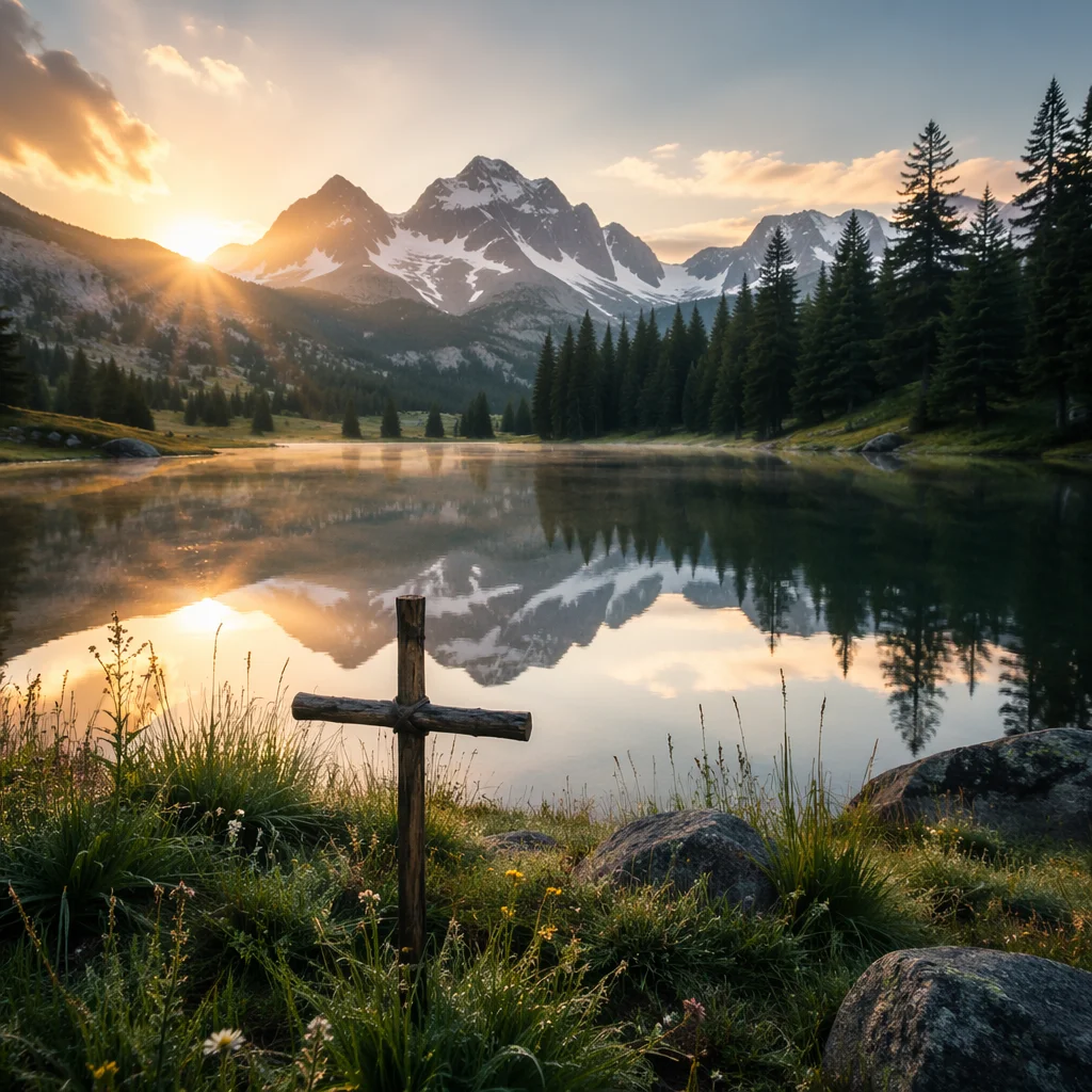 Morning Cross by Alpine Lake Reflection