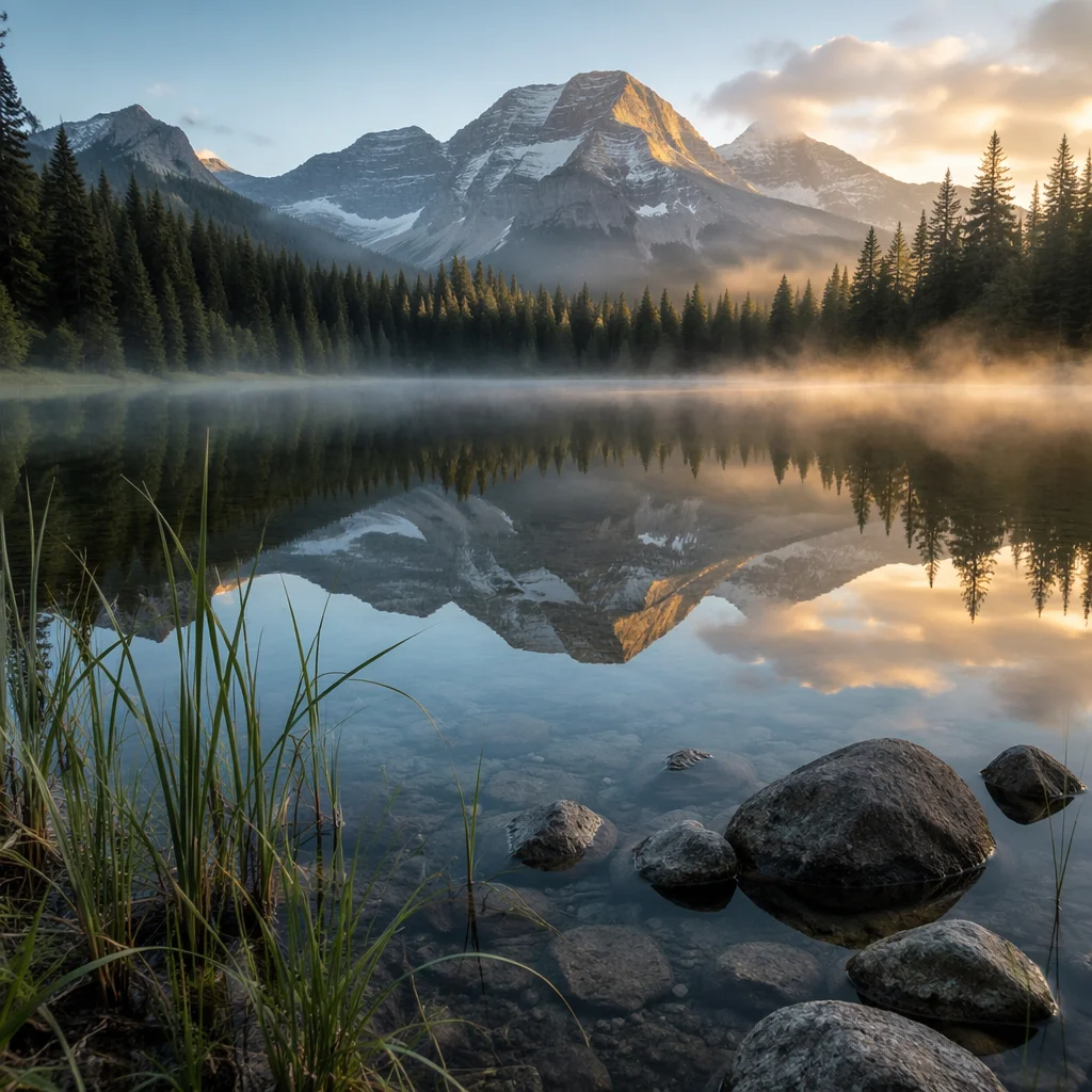 Calm Alpine Lake Morning Reflection