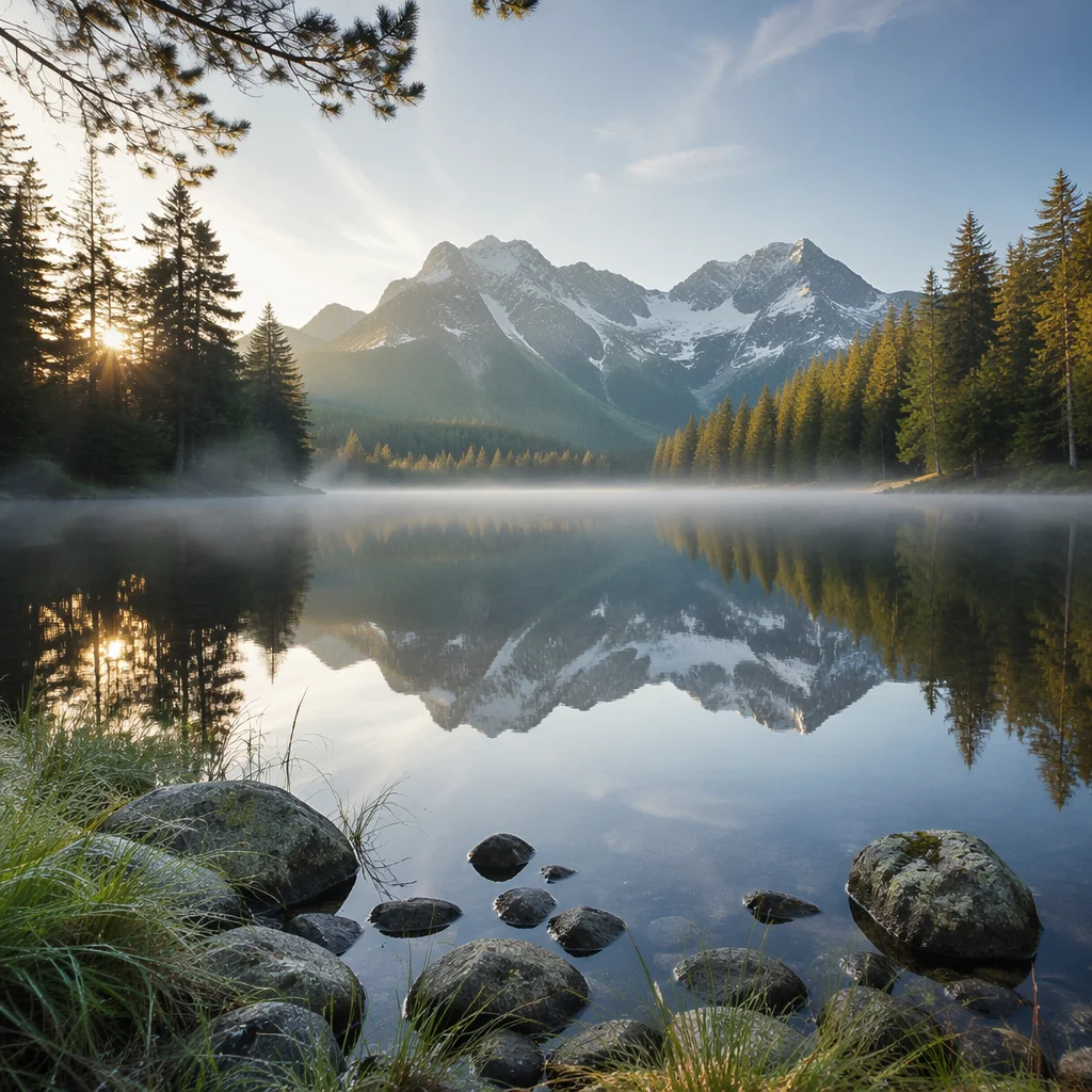Calm Alpine Lake Morning Reflection