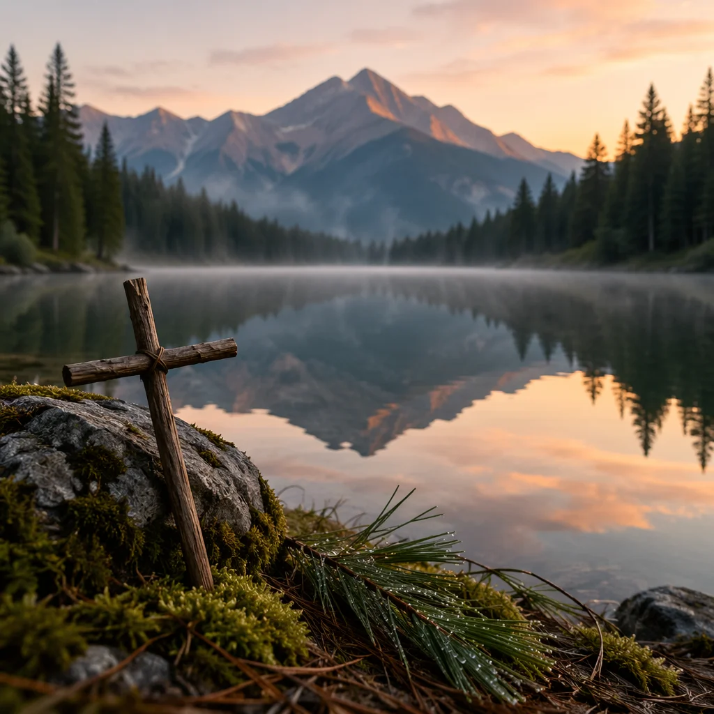 Wooden Cross by Calm Alpine Lake
