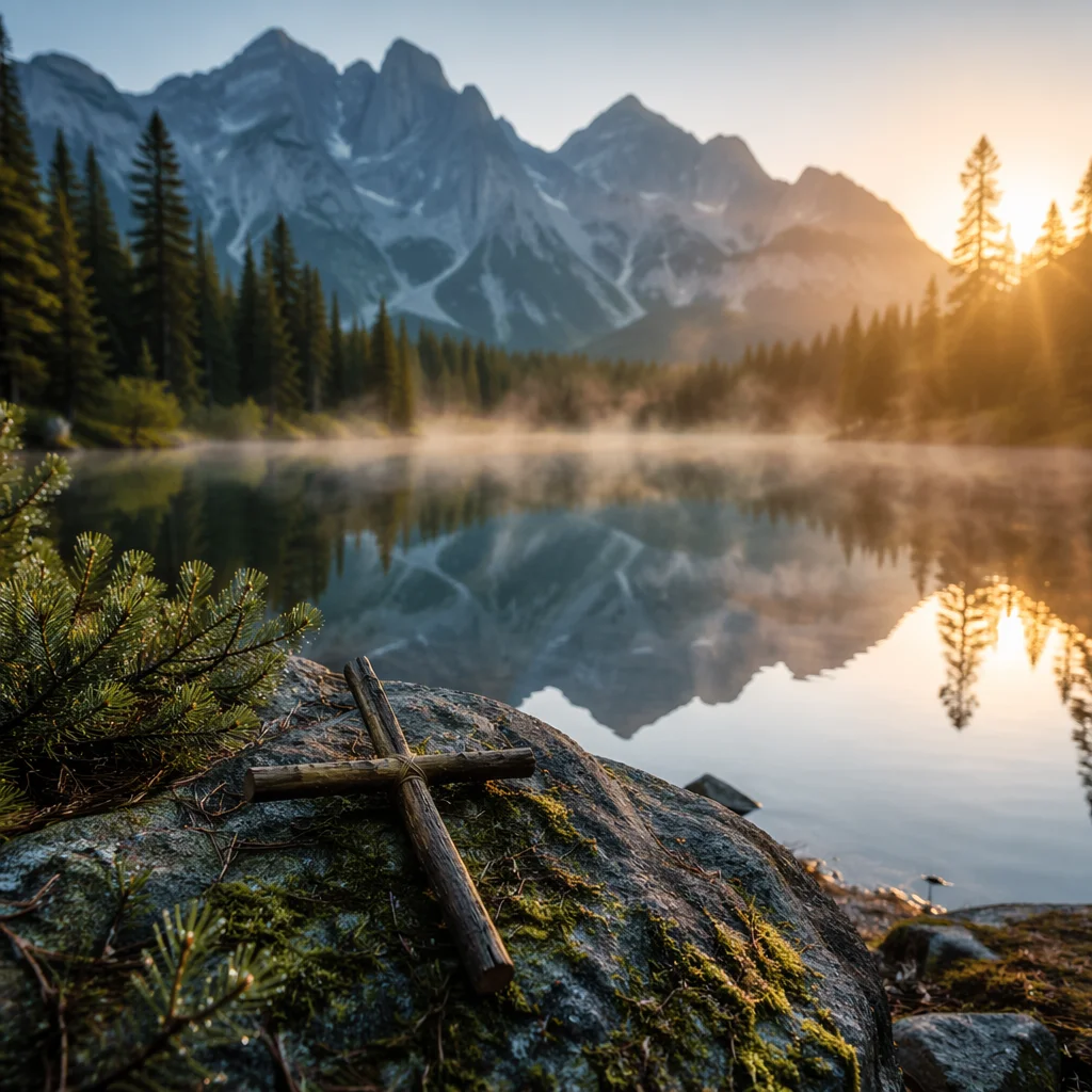 Morning Lake Reflection with Wooden Cross