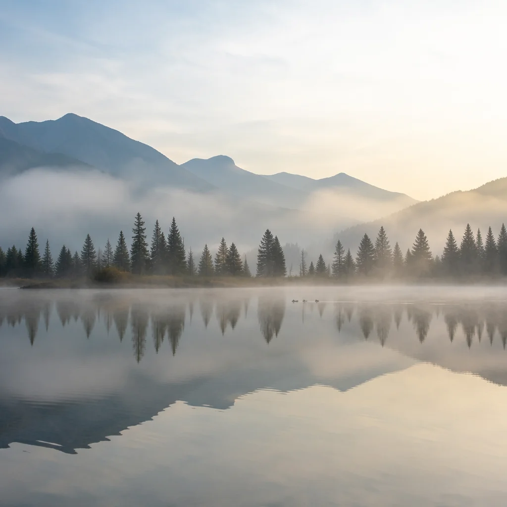 Serene Morning Lake With Evergreen Reflections