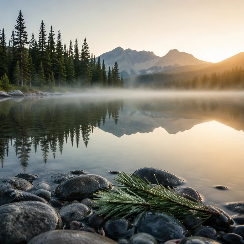 Serene Morning Lake with Evergreen Reflections