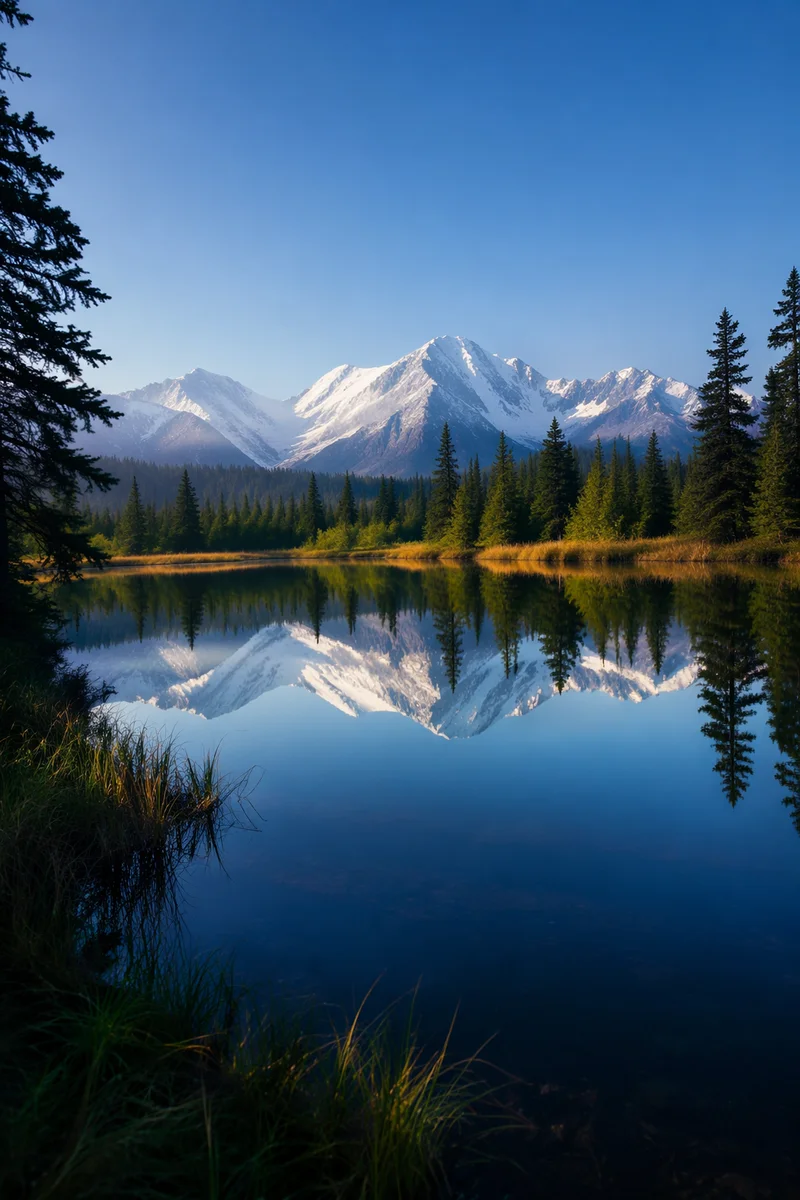 Morning Alpine Lake With Mountain Reflection