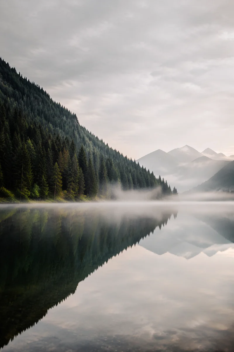 Misty Alpine Lake with Evergreen Reflection