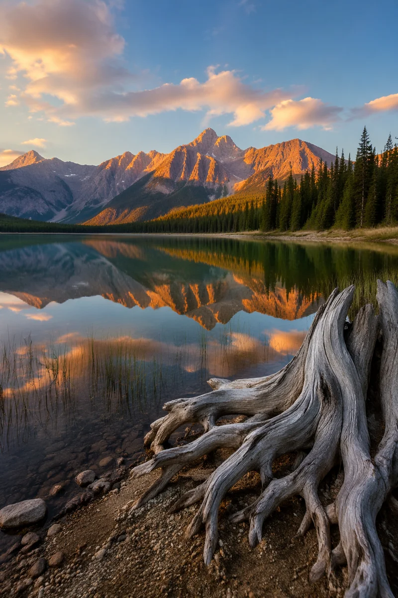 Peaceful Alpine Lake Sunrise Reflection