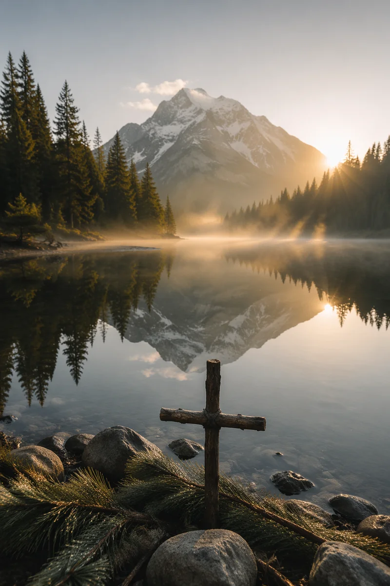 Morning Alpine Lake with Humble Wooden Cross
