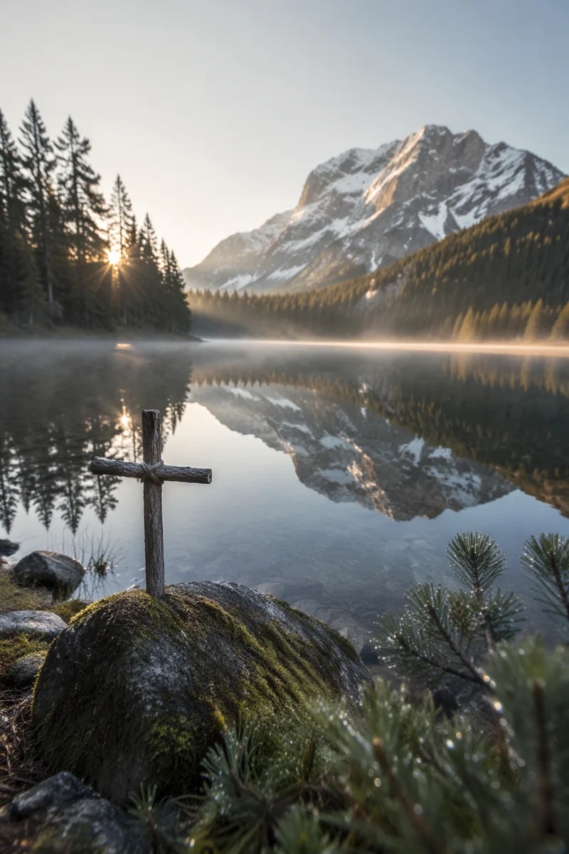 Morning Cross by Calm Alpine Lake