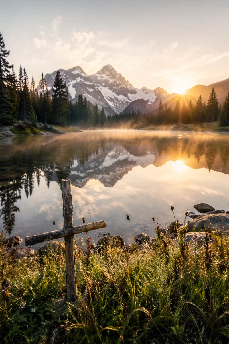 Morning Lake Reflection with Wooden Cross