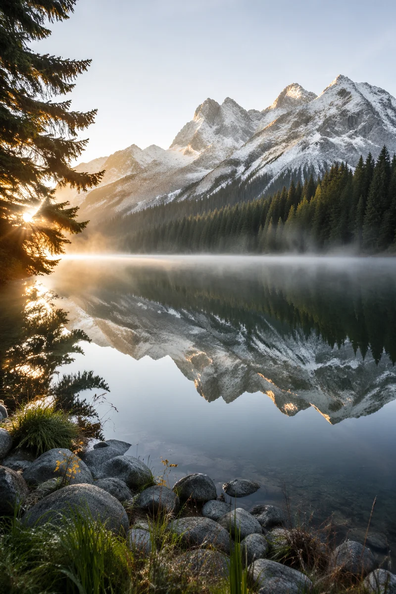 Calm Morning Lake Reflecting Alpine Mountains