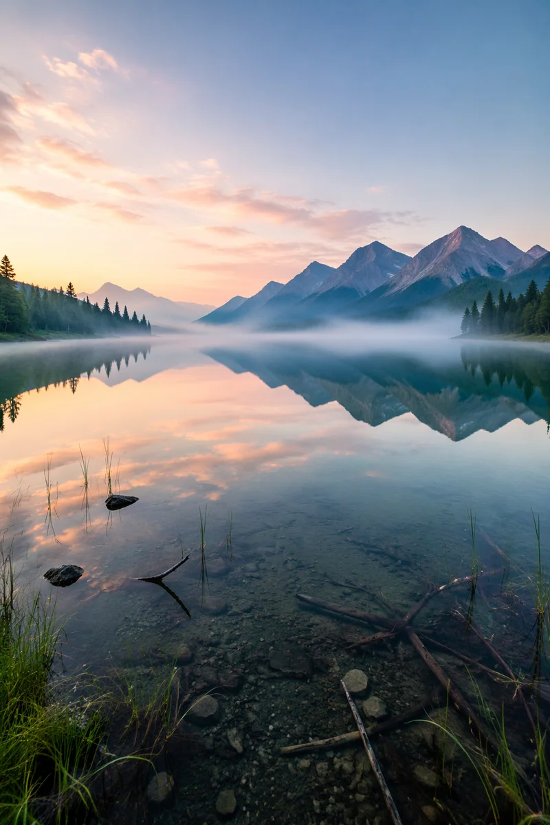 Calm Alpine Lake Reflection at Sunrise