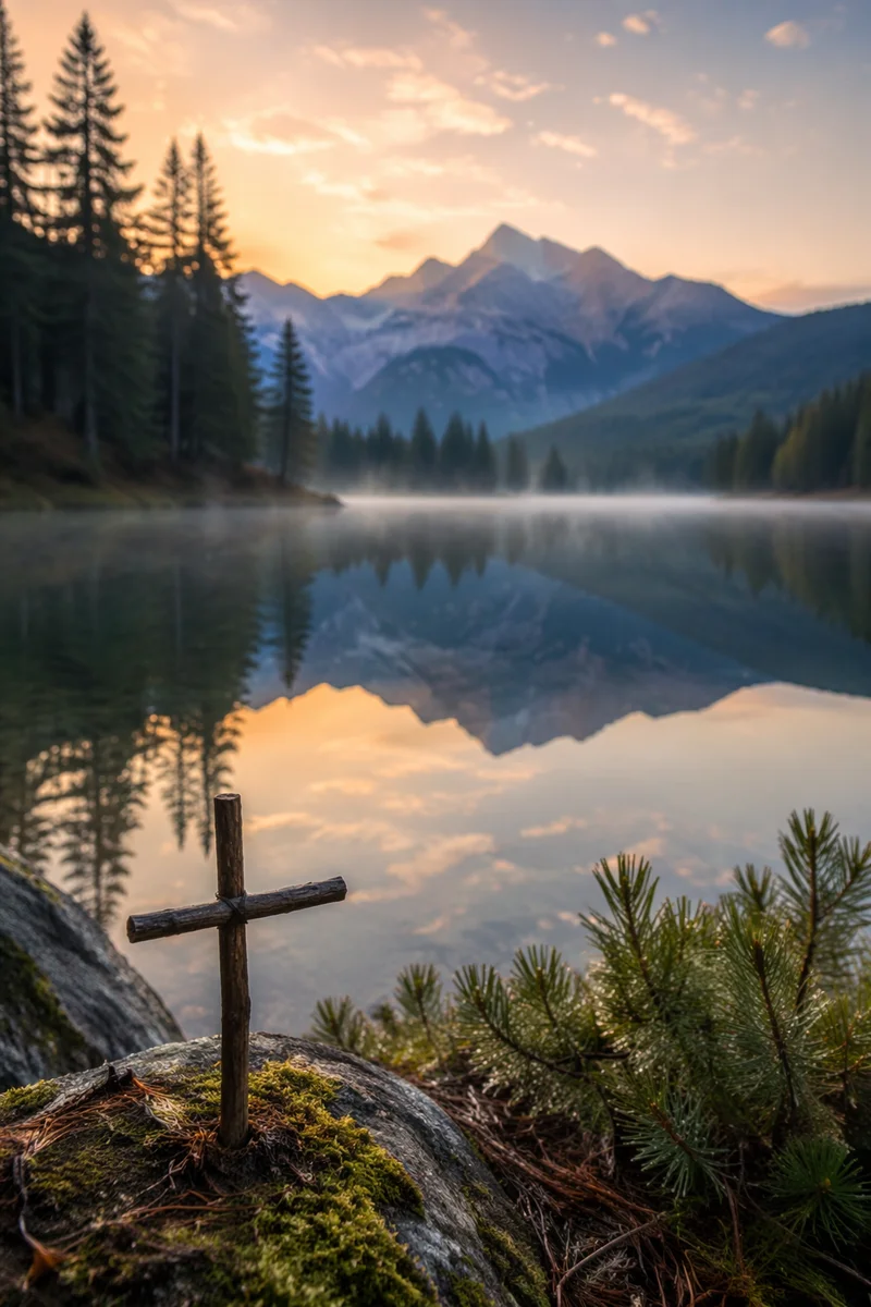 Wooden Cross by Misty Alpine Lake