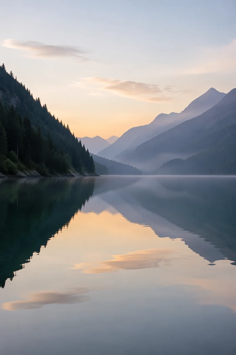 Calm Morning Lake with Evergreen Mountains