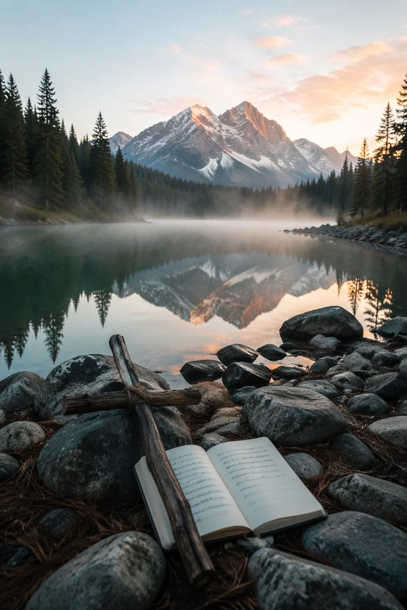 Morning Lake Reflection with Wooden Cross