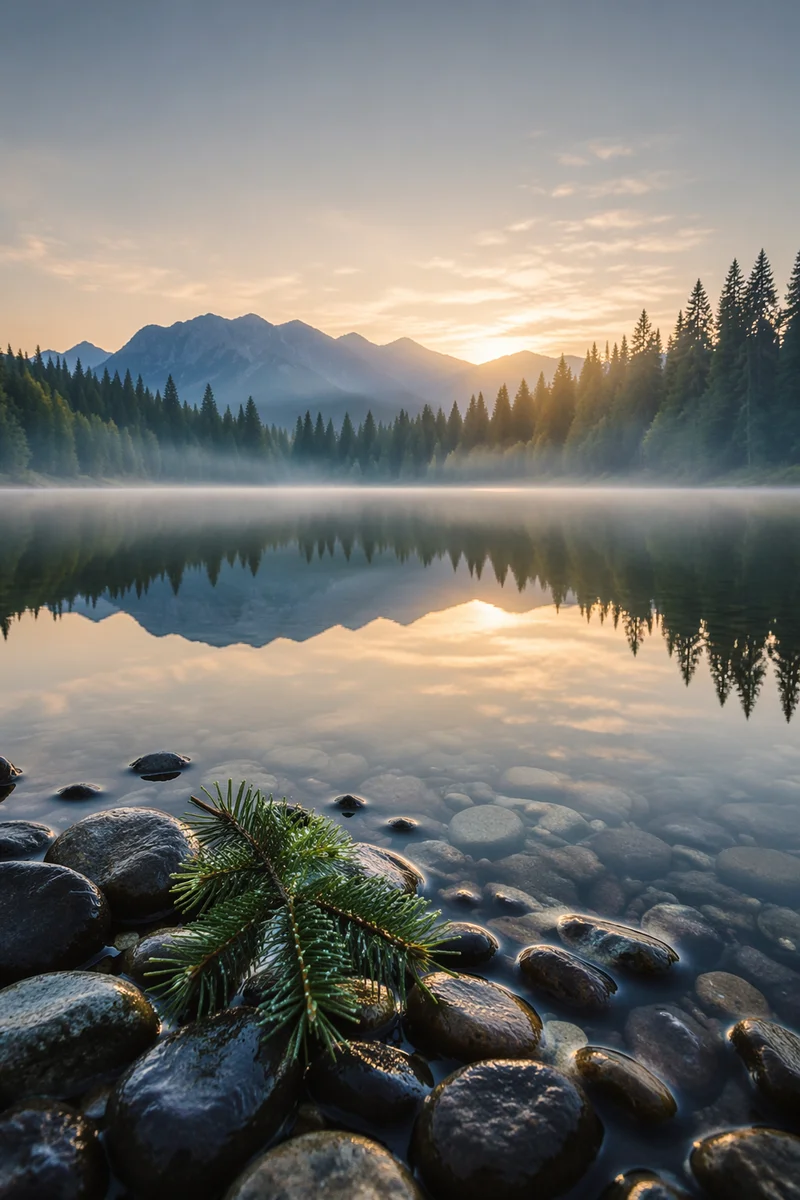 Serene Alpine Lake Morning Reflection