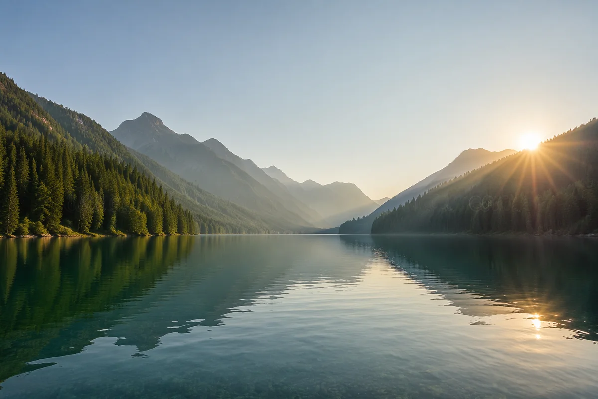 Serene Morning Lake with Evergreen Mountains
