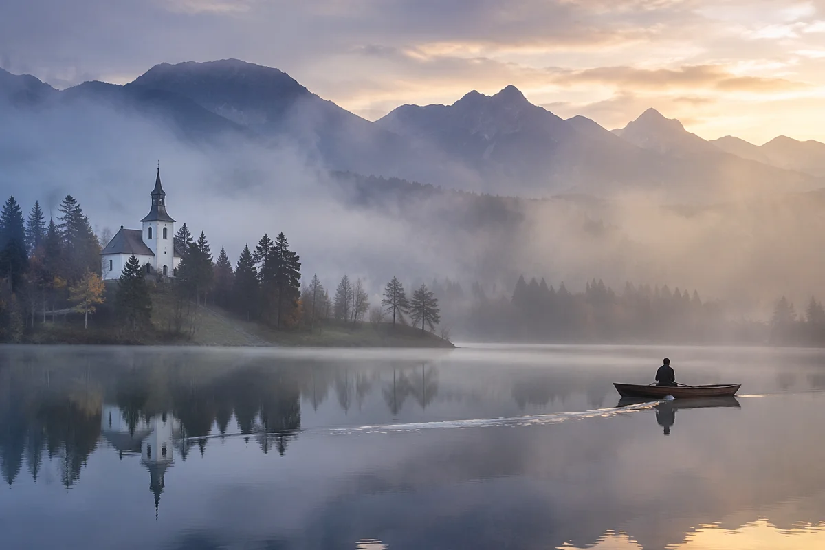 Calm Alpine Lake Chapel at Dawn