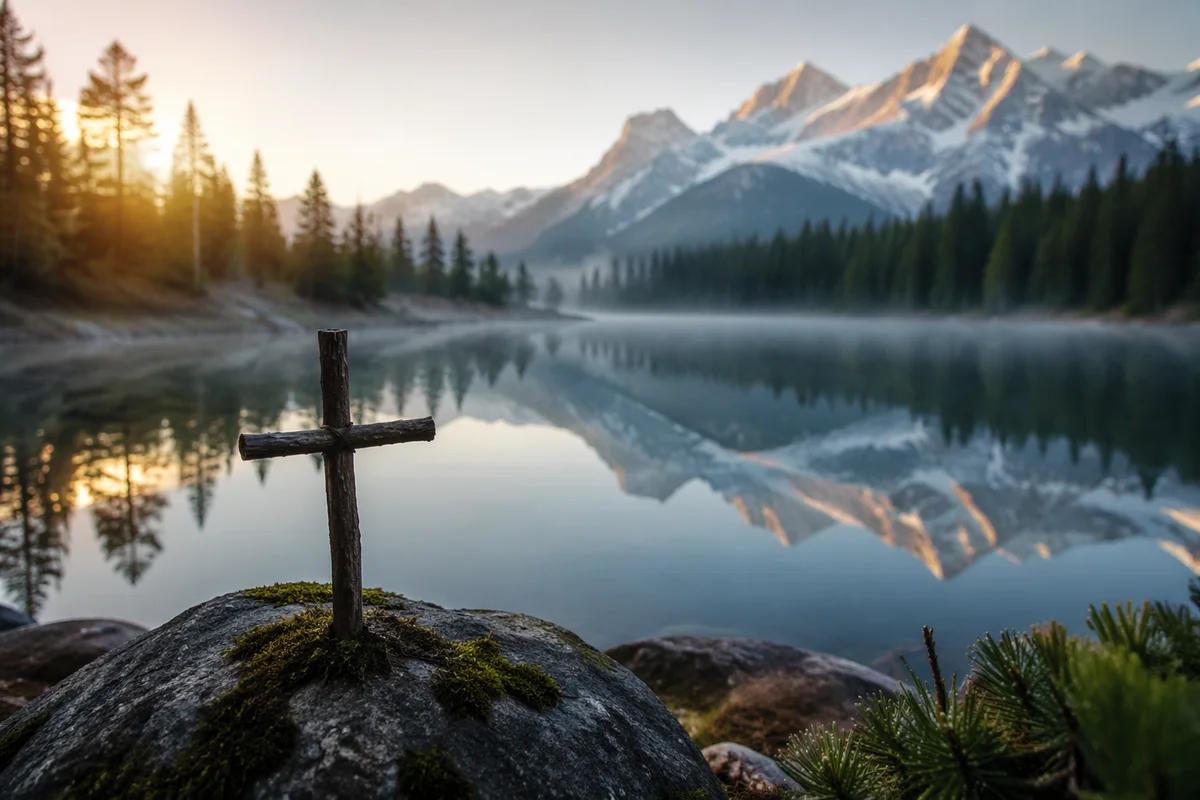 Wooden Cross by Calm Alpine Lake