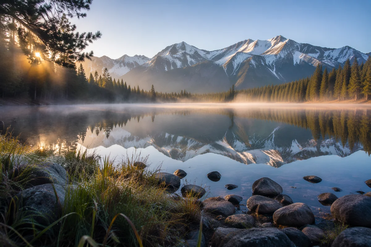 Calm Morning Lake Reflection with Evergreen Mountains
