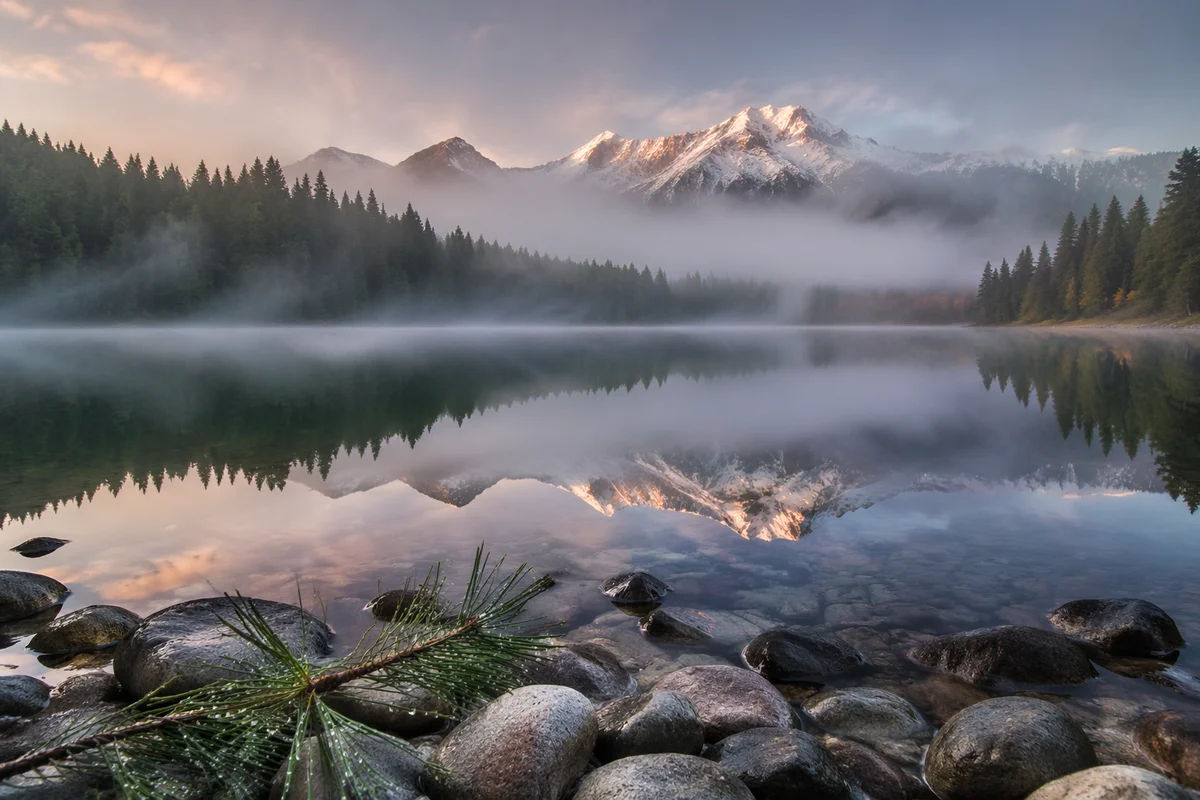 Serene Alpine Lake Reflection at Dawn
