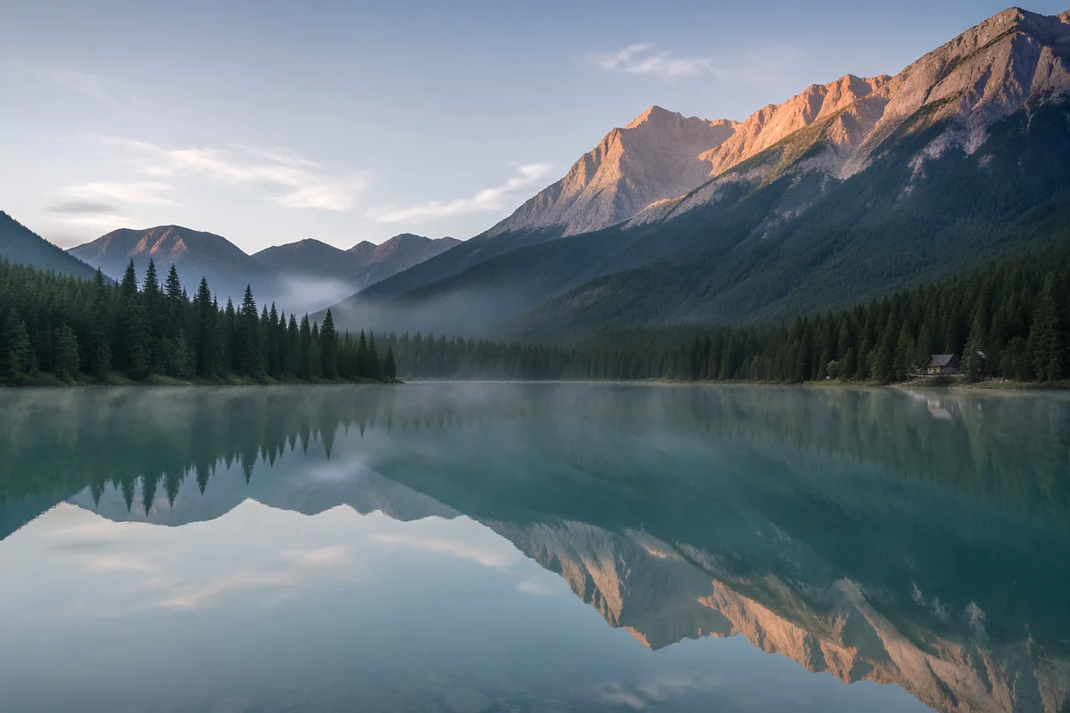 Calm Morning Lake Reflection in Evergreen Mountains