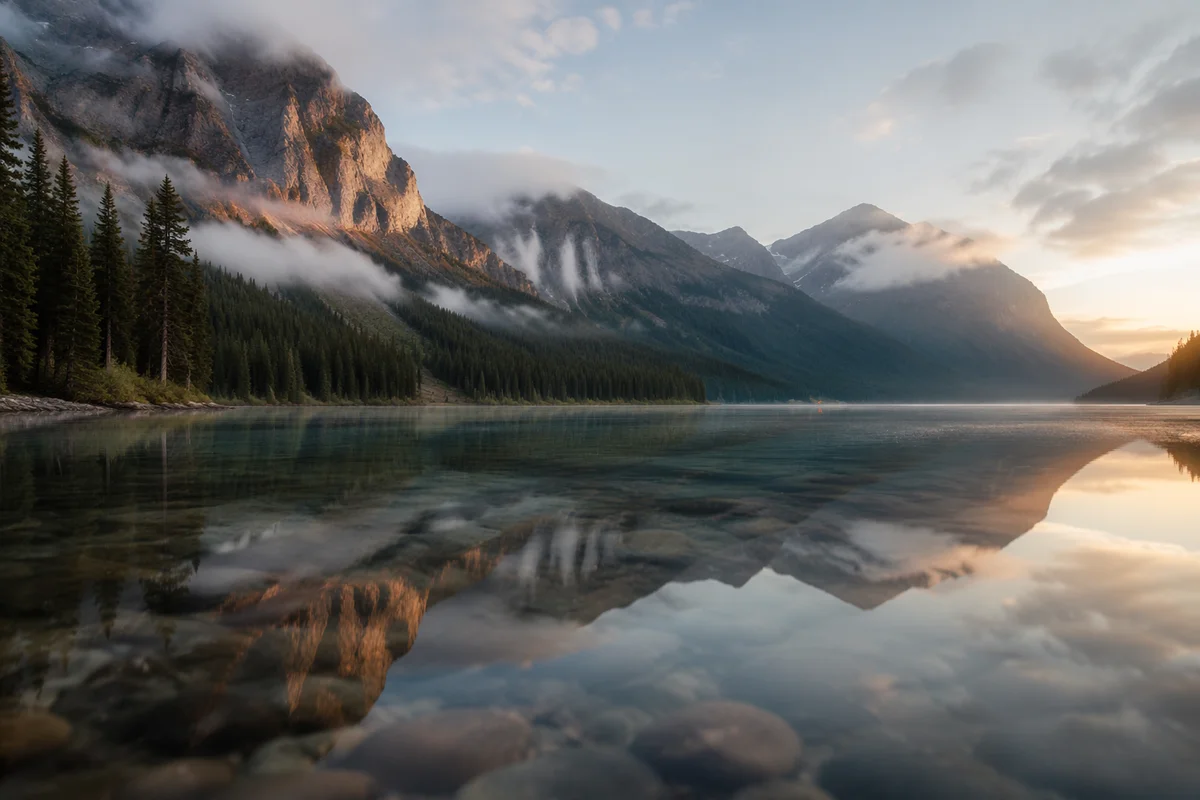 Calm Alpine Lake Morning Reflection