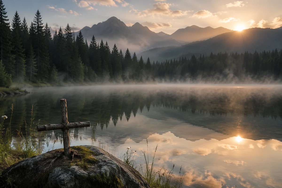 Morning Lake Reflection With Wooden Cross