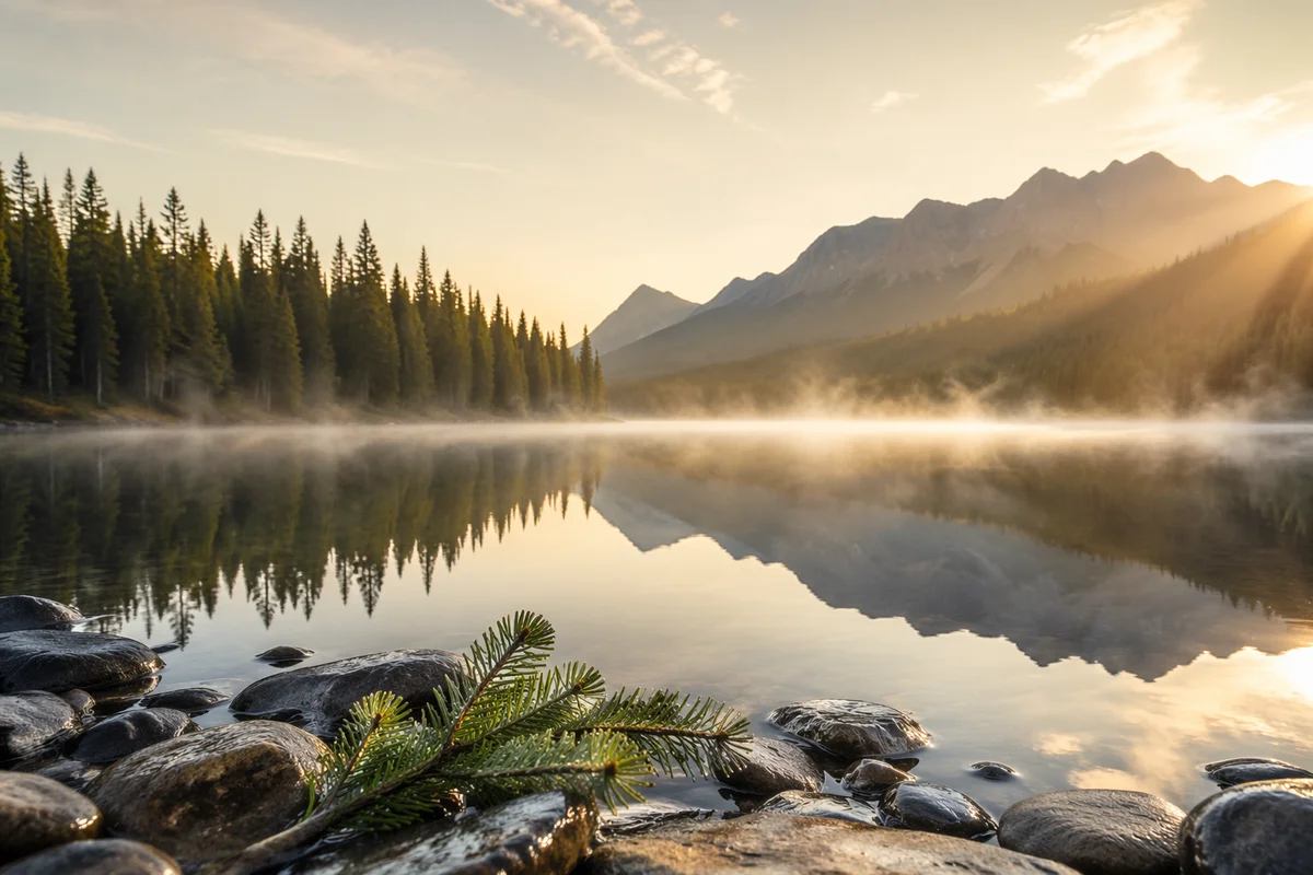 Serene Morning Lake with Evergreen Reflections