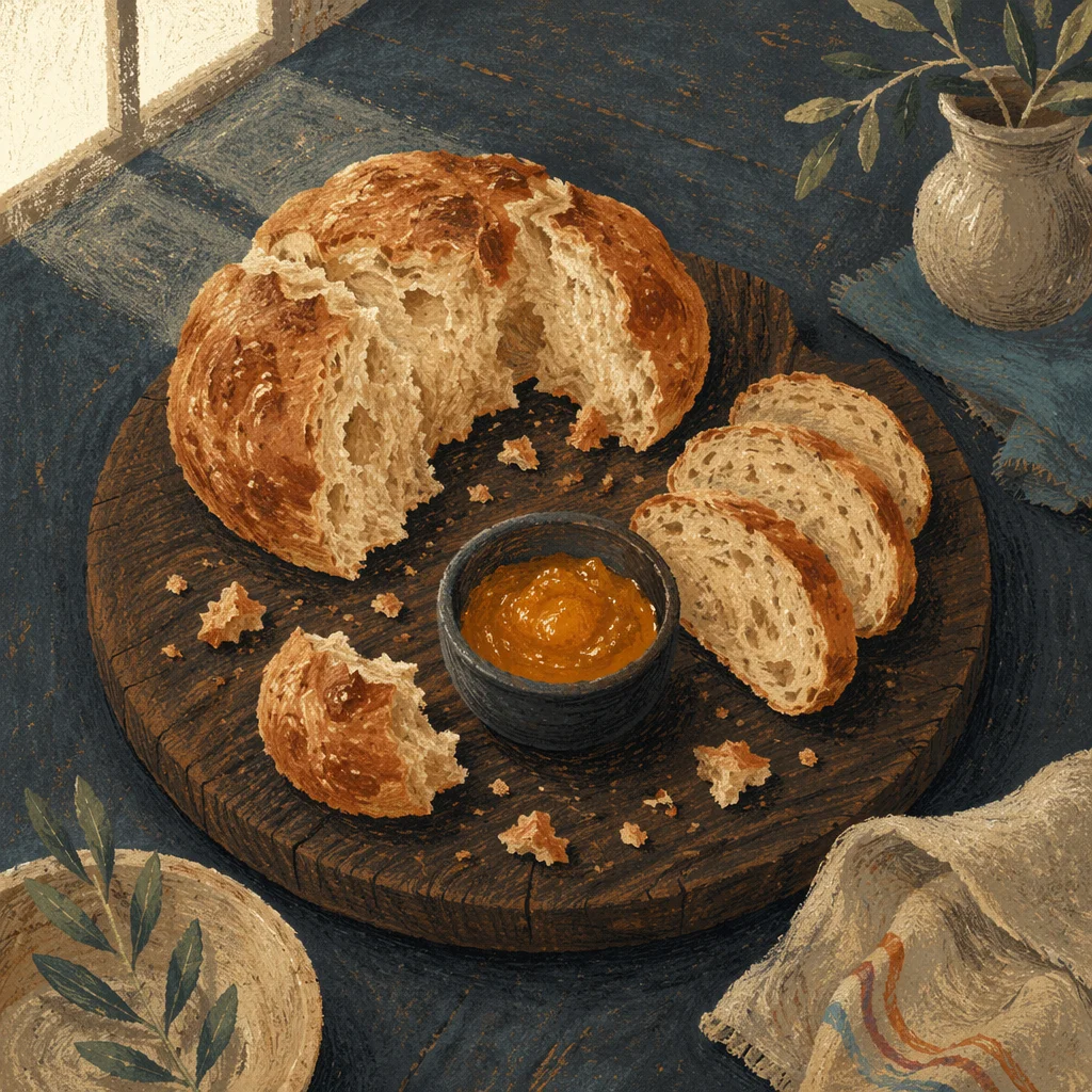 Rustic Broken Communion Bread on Wooden Board