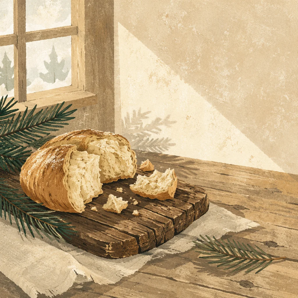Broken Communion Bread with Evergreen Accents